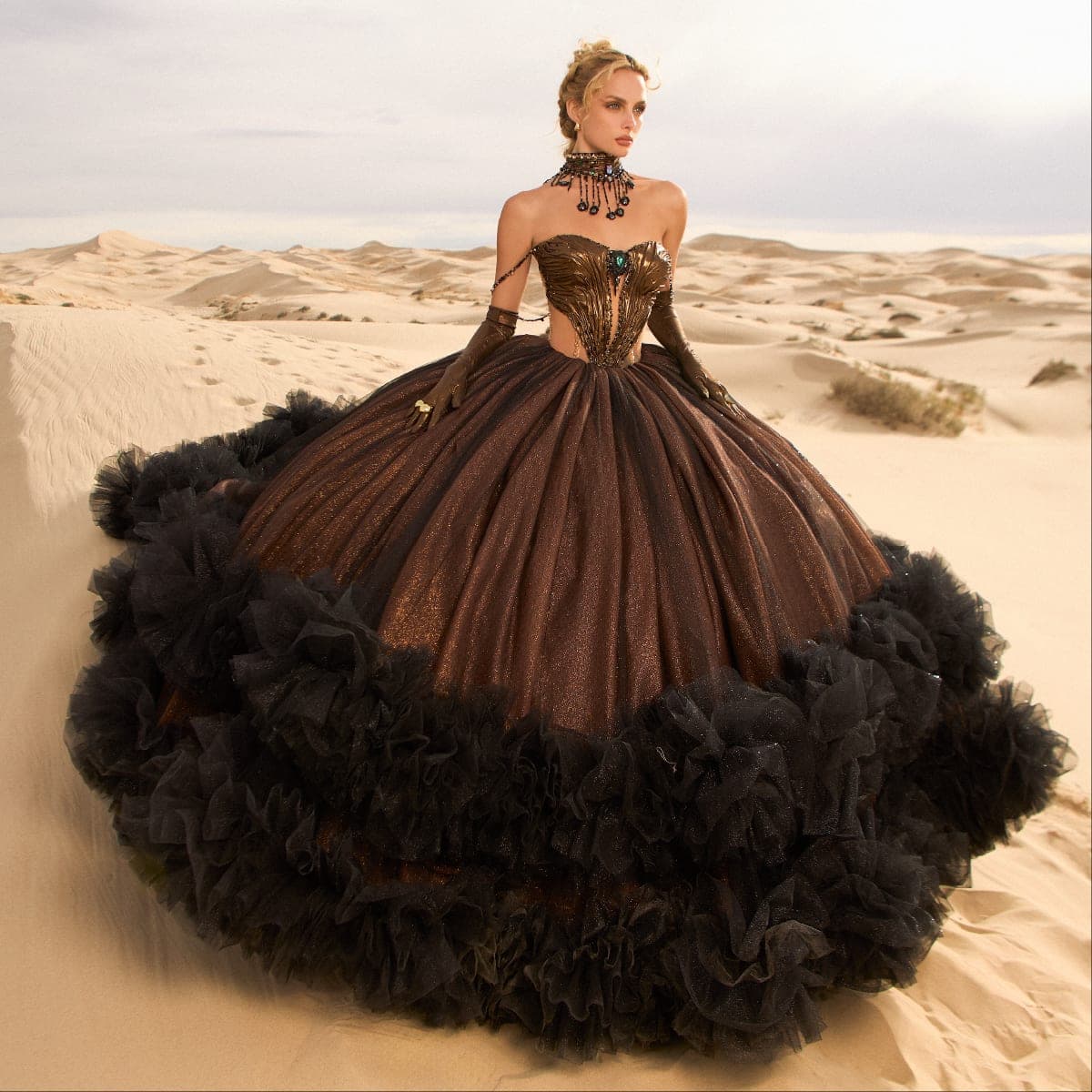 EV82-682 — NEGRO BRONCE - Caza Blanca Couture Phoenix Quinceañera dress